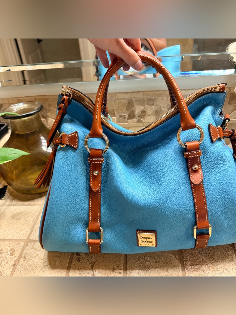 Dooney & Bourke Pebble Leather Large Satchel Sky Blue Brown Tassel Shoulder Bag - Picture 14 of 15